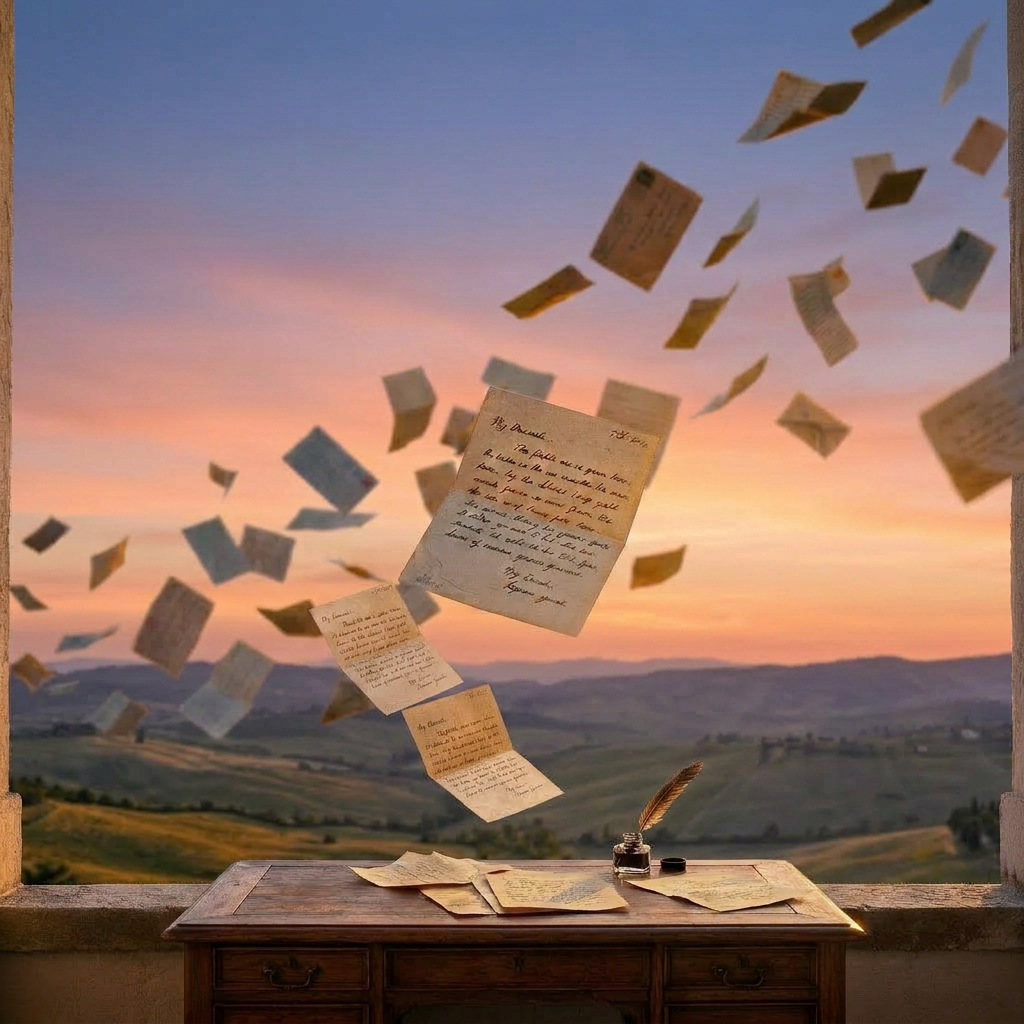 Handwritten letters suspended midair over a rural landscape with sunset.