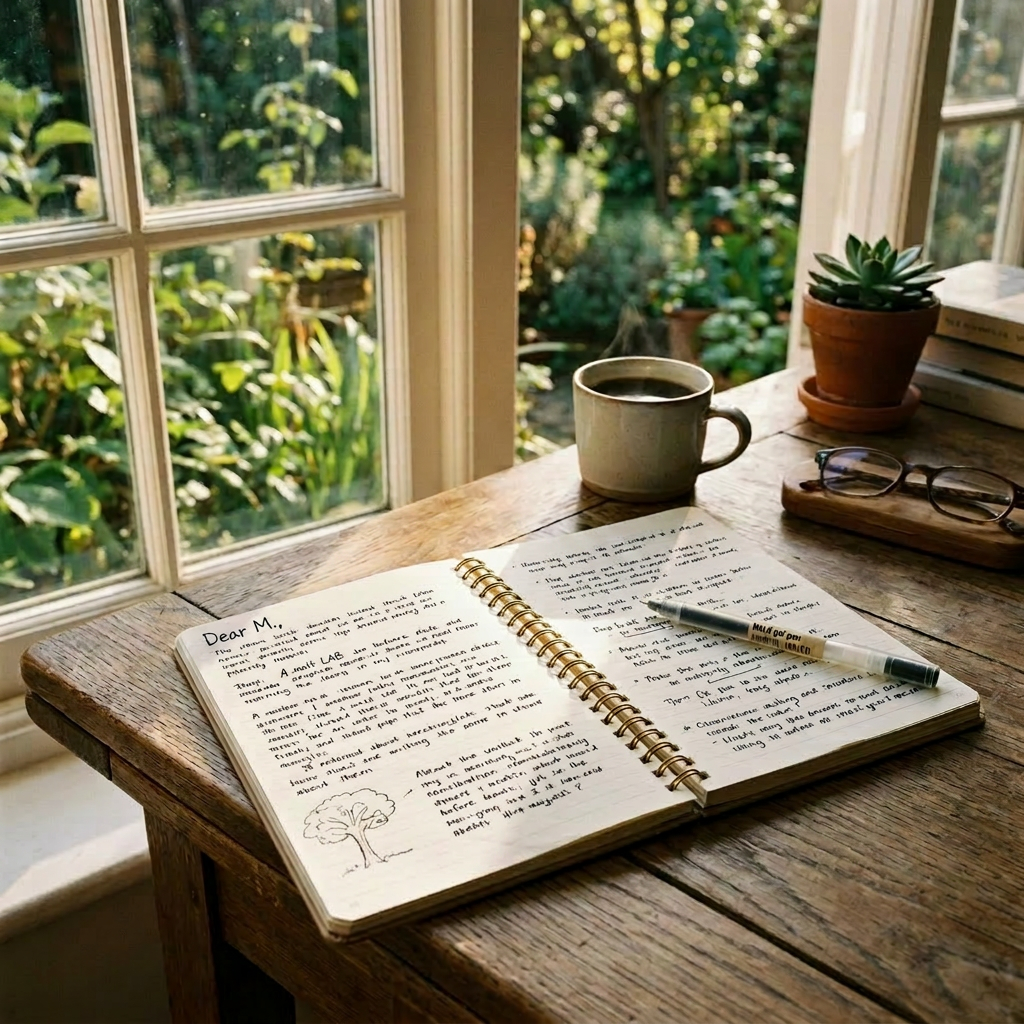 Open journal with handwritten notes, pen, coffee cup, glasses, and plant on wooden table by window