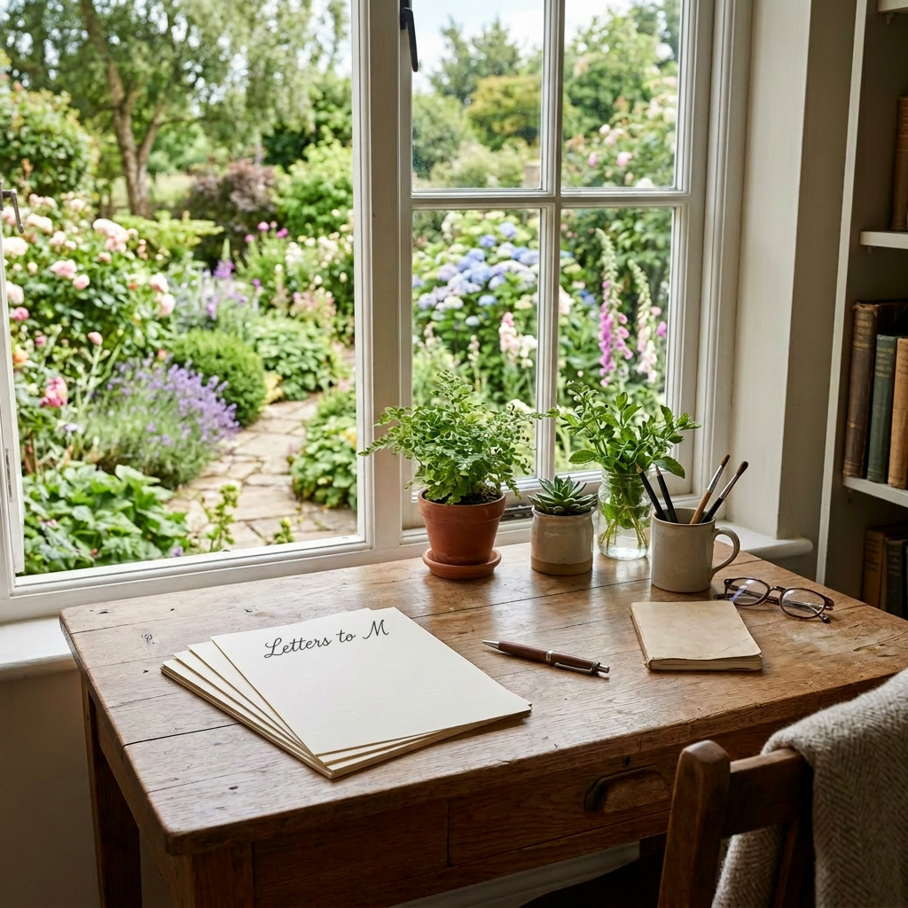 Tranquil garden view from writing desk Wooden desk with blank paper, pen, plants, and glasses by window overlooking garden