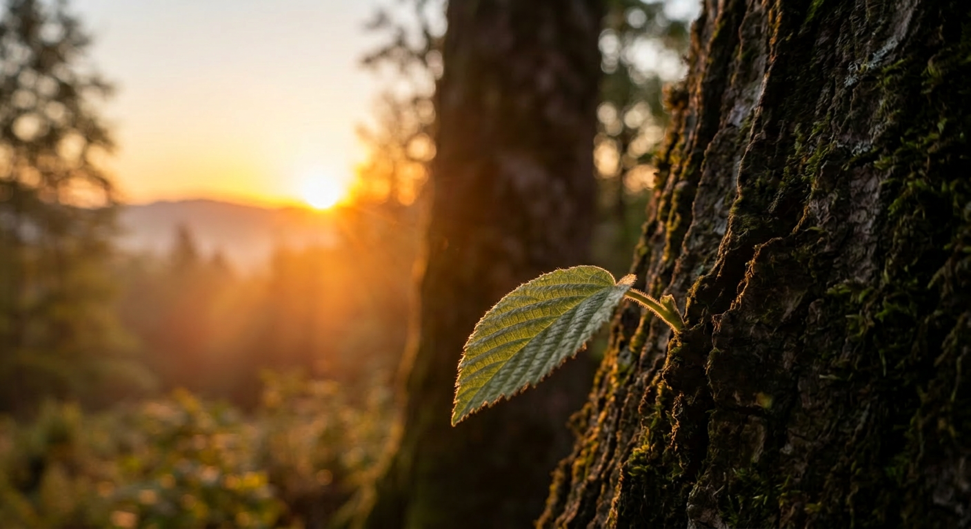 Young green leaves growing from rough tree bark with sunset in background
