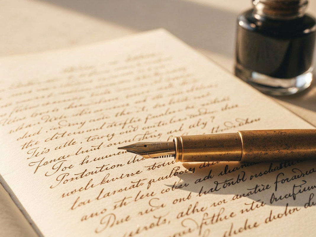 A close-up of an ink pen resting diagonally on a half-written handwritten letter or journal page, soft natural light from the side, warm muted tones, paper texture visible, quiet and introspective mood, no people