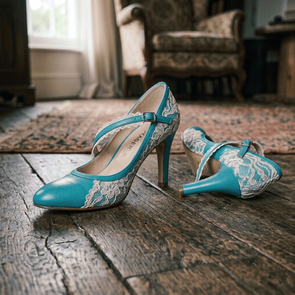Pair of worn black high heels on a wooden floor